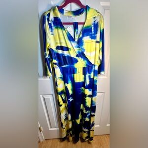 Gorgeous Blue & Yellow Belted Abstract Print Wrap Maxi Dress. Easter/Spring